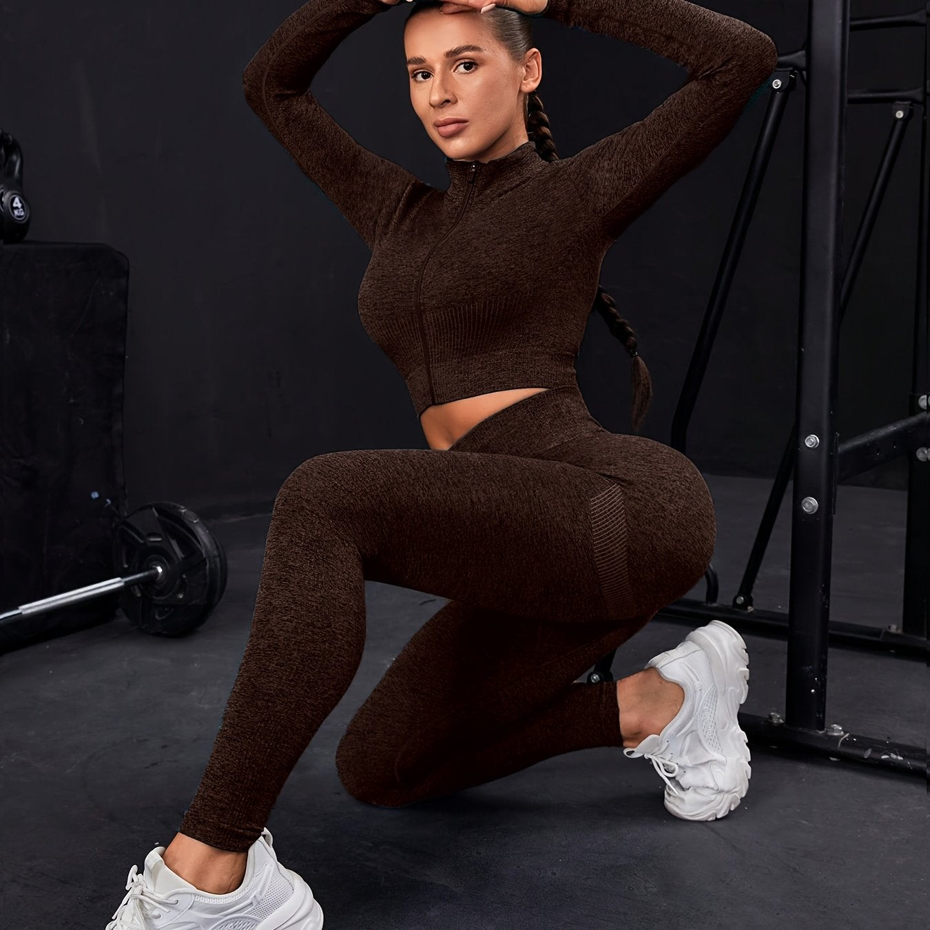 Ensemble de sport zippé sans couture avec trou pour le pouce et ourlet cousu