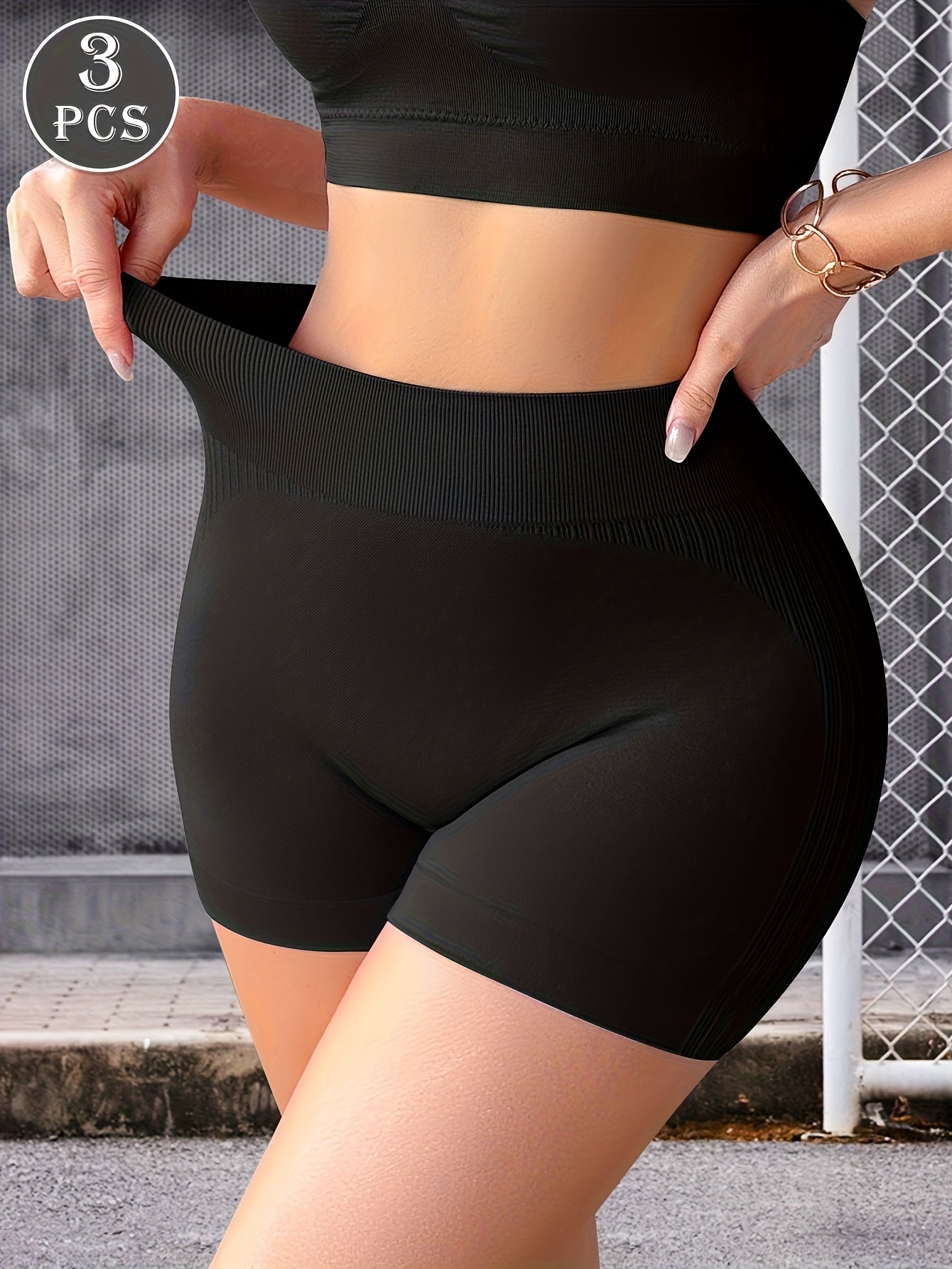 3 pcs. Shorts de yoga sans couture taille haute MIOTAN - Sous-vêtements gainants, nylon respirant à séchage rapide avec panneaux latéraux, stretch doux pour yoga, salle de sport et tenue décontractée (noir uni), vêtements de fitness, tissu lisse