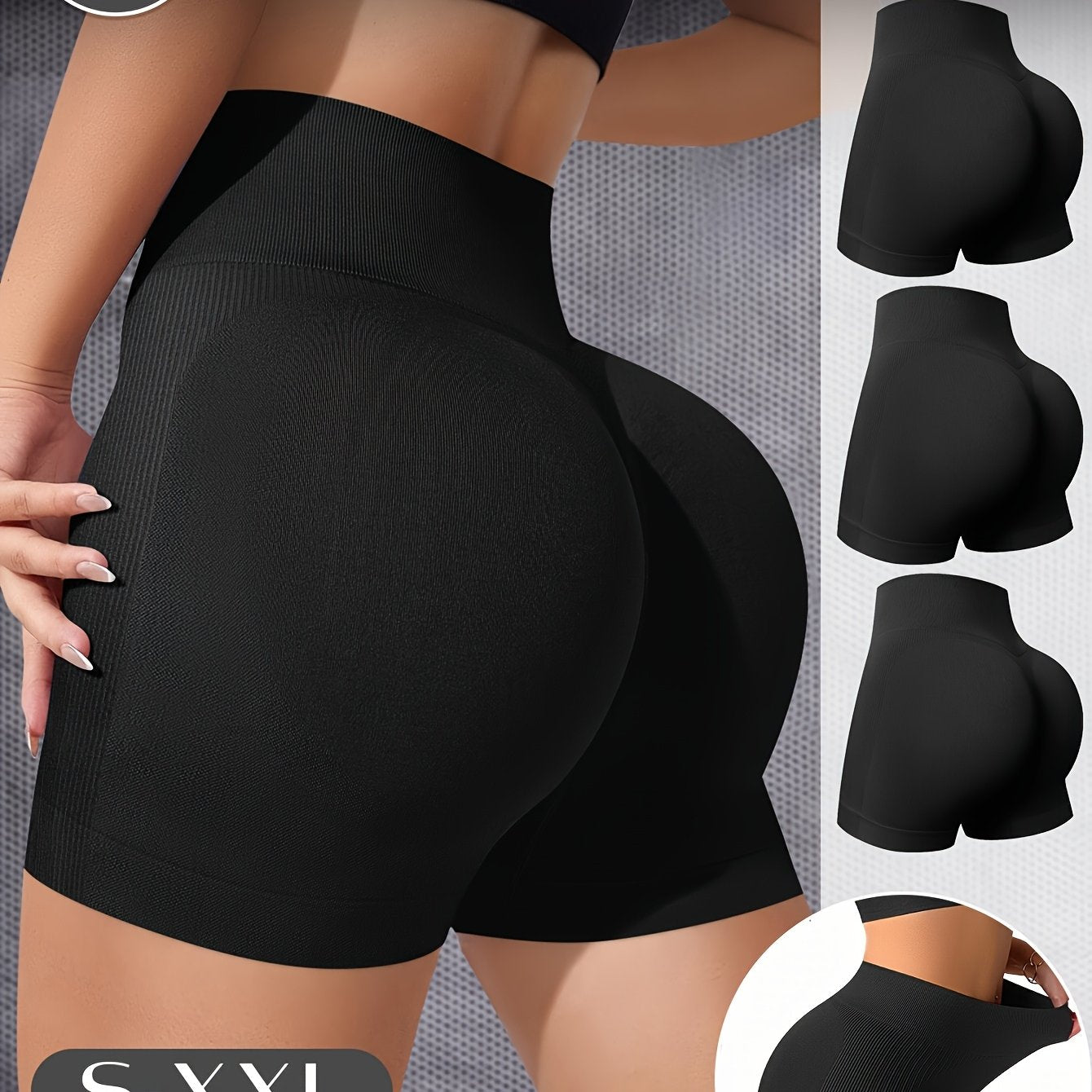 3 pcs. Shorts de yoga sans couture taille haute MIOTAN - Sous-vêtements gainants, nylon respirant à séchage rapide avec panneaux latéraux, stretch doux pour yoga, salle de sport et tenue décontractée (noir uni), vêtements de fitness, tissu lisse