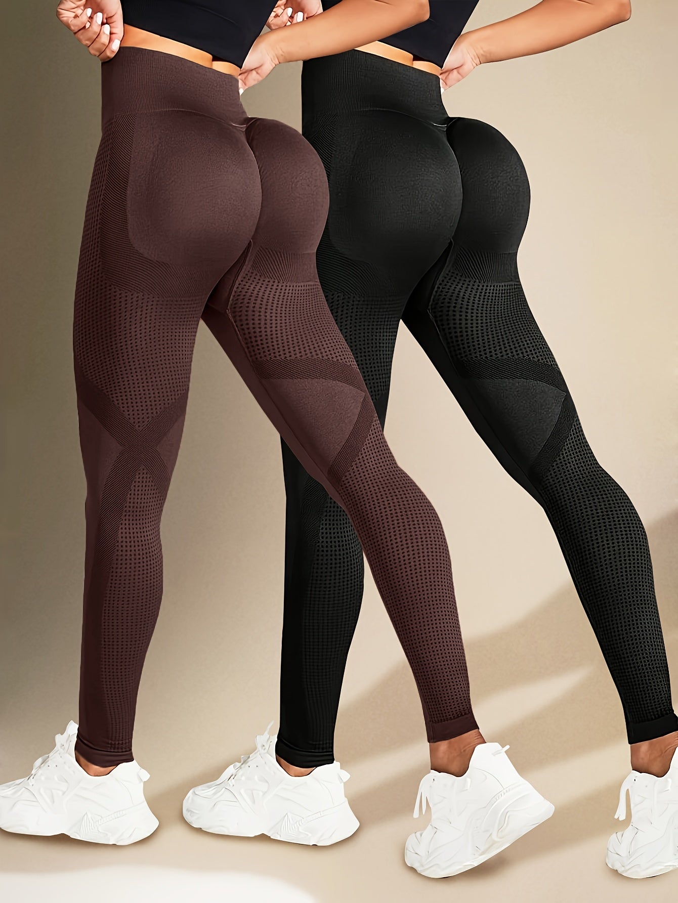 2 leggings femme sans couture taille haute - Effet fessier remonté, pantalon extensible pour fitness et entraînement