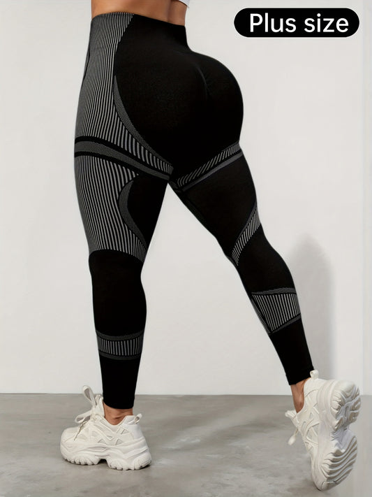 Pantalon de yoga fitness grande taille avec motif rayé noir et blanc, sans couture et taille haute.
