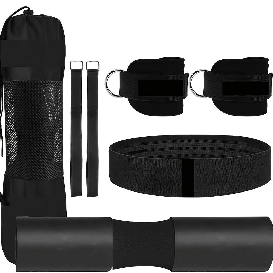 Ensemble standard 7 pièces, coussin de squat pour haltères, coussin de poussée des hanches pour haltères, avec 2 sangles de cheville, 1 ceinture, 2 sangles de fixation, 1 sac à main.