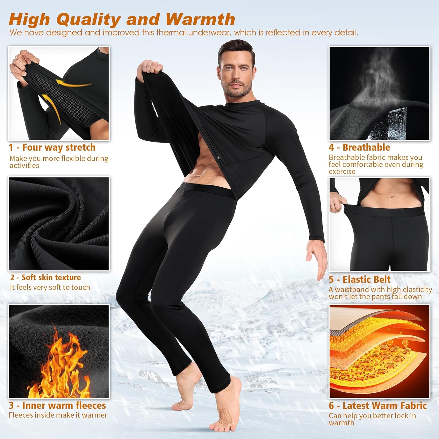 sous Vetement Thermique Homme Hiver sous-Vêtements Thermiques Homme sous Pull Thermique Énsemble Ski Collant Elasticité Ensemble Thermique Respirant sous Pantalon Thermique