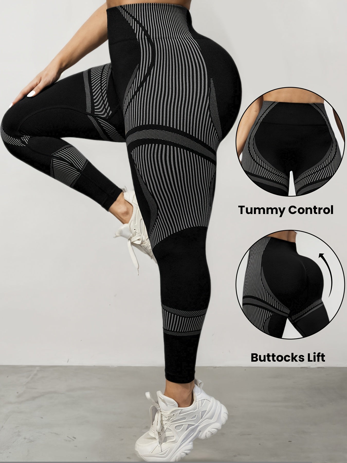 Pantalon de yoga fitness grande taille avec motif rayé noir et blanc, sans couture et taille haute.