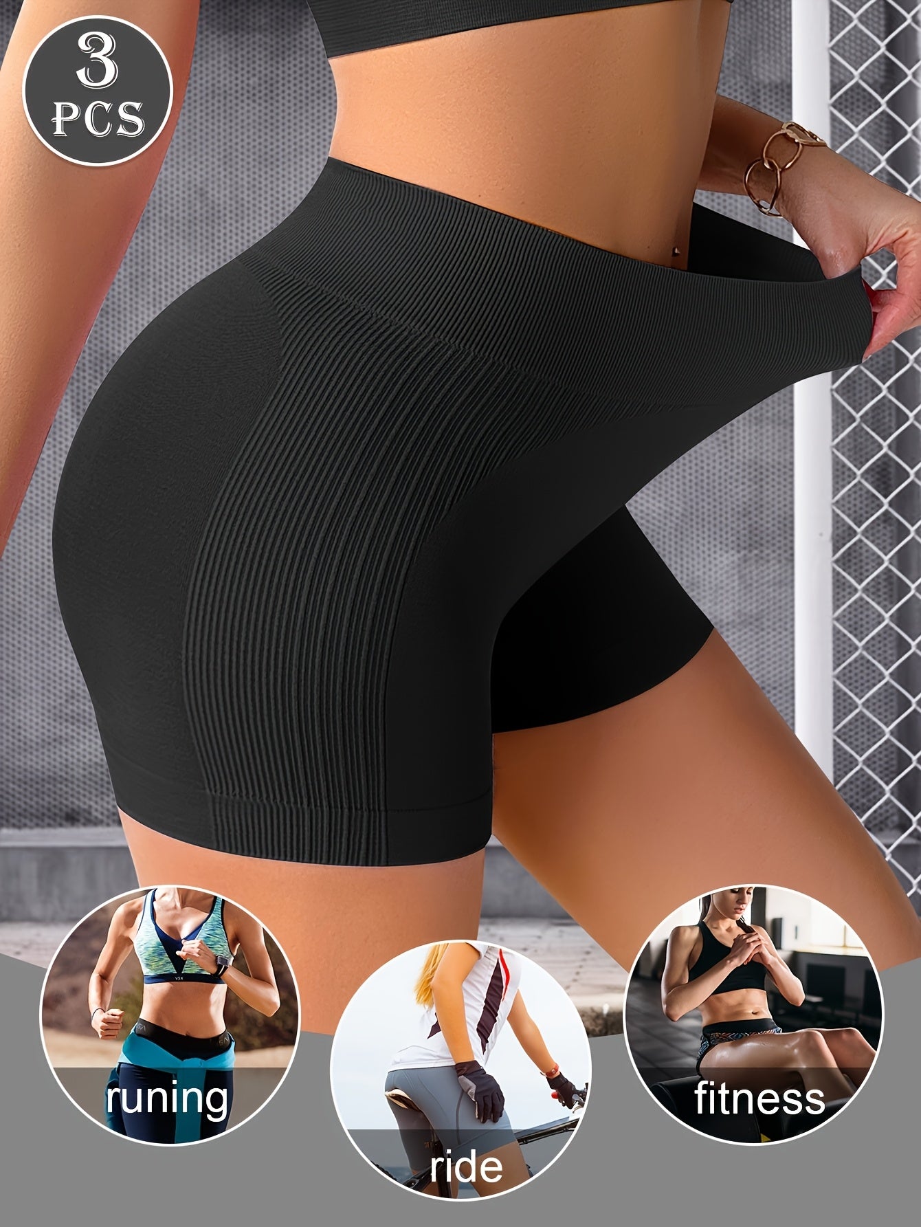 3 pcs. Shorts de yoga sans couture taille haute MIOTAN - Sous-vêtements gainants, nylon respirant à séchage rapide avec panneaux latéraux, stretch doux pour yoga, salle de sport et tenue décontractée (noir uni), vêtements de fitness, tissu lisse