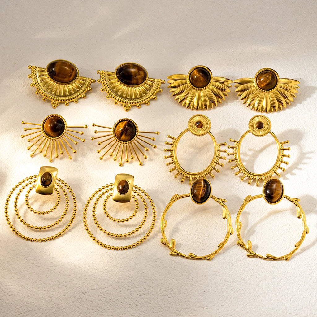 Boucles d'oreilles pierres œil du tigre en acier inoxydable