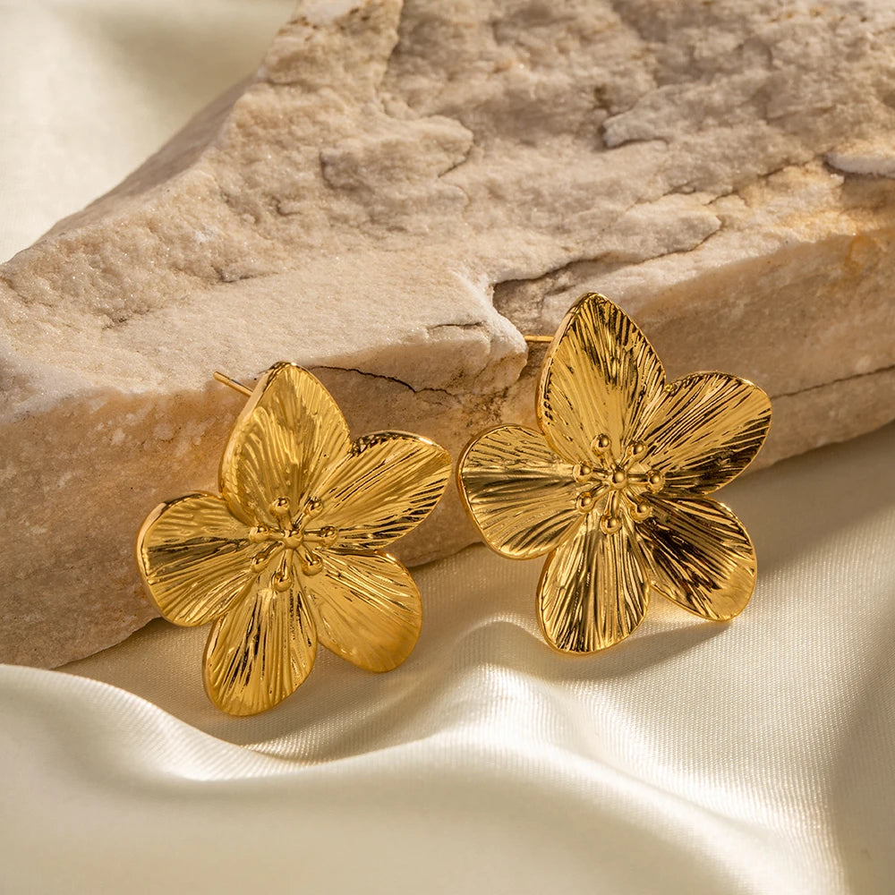 Boucles d'Oreilles Fleurs en Acier Inoxydable Plaqué Or 18K