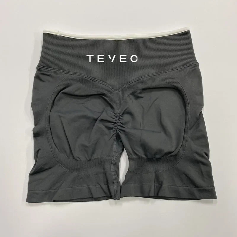 TEVEO – Short de Yoga pour femmes, pantalon de sport élastique, Fitness, cyclisme, sculpté, froissé, Leggings courts de Yoga