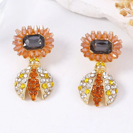 Boucles d'oreilles rétro en alliage d'abeille et de tournesol incrusté de strass