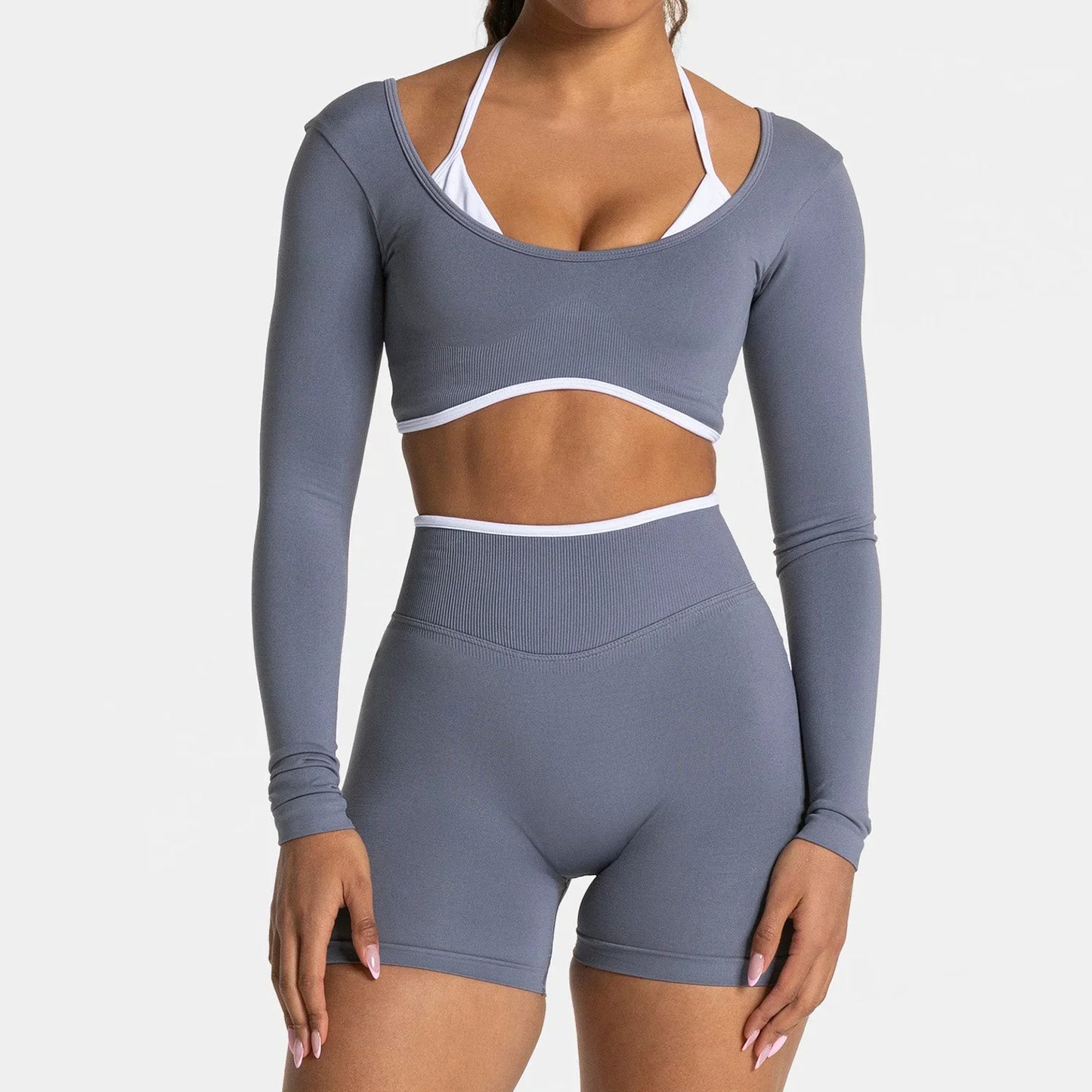 TEVEO ensemble de Yoga 2 pièces pour femmes, collants à manches longues sans couture, short de Fitness, tenues d'entraînement