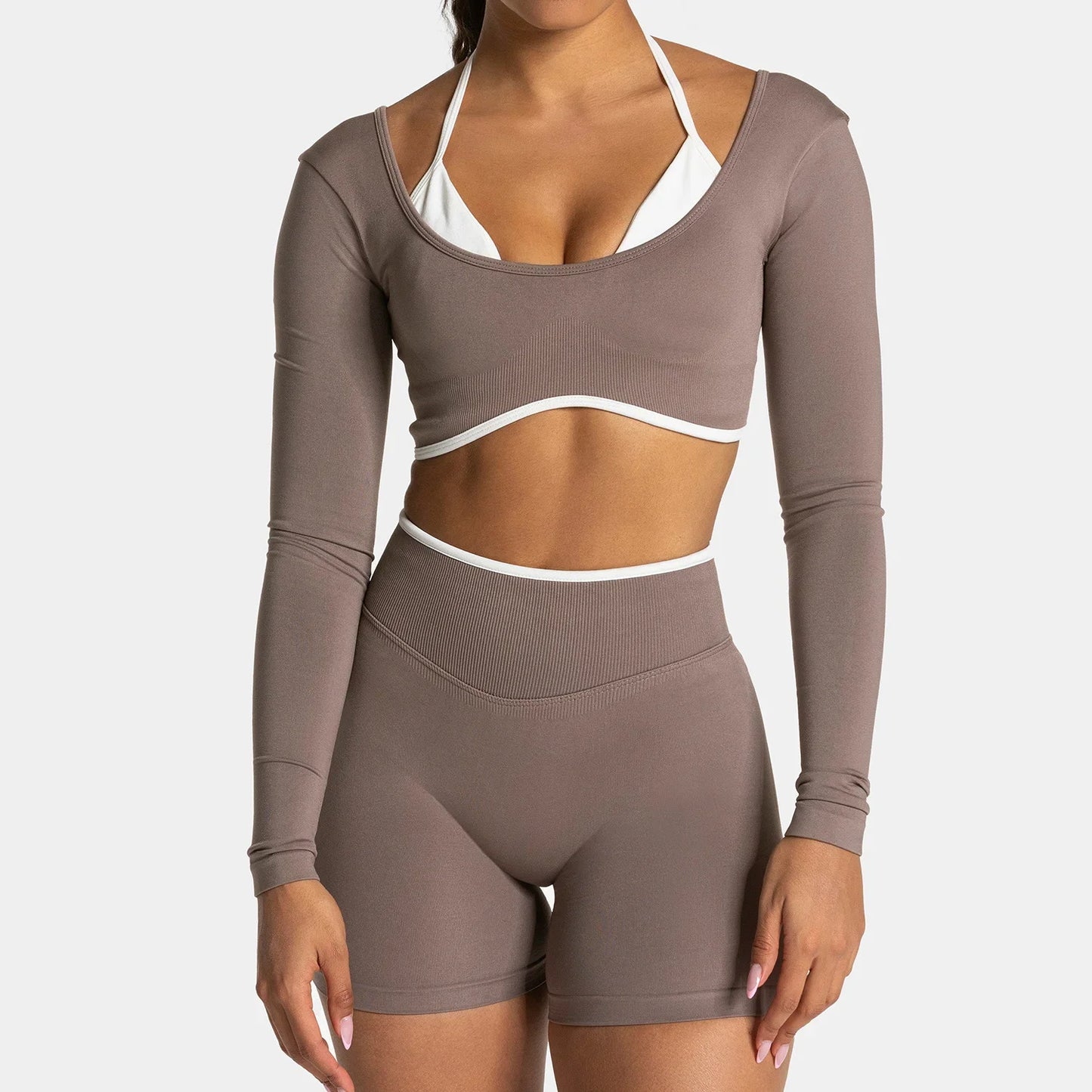 TEVEO ensemble de Yoga 2 pièces pour femmes, collants à manches longues sans couture, short de Fitness, tenues d'entraînement