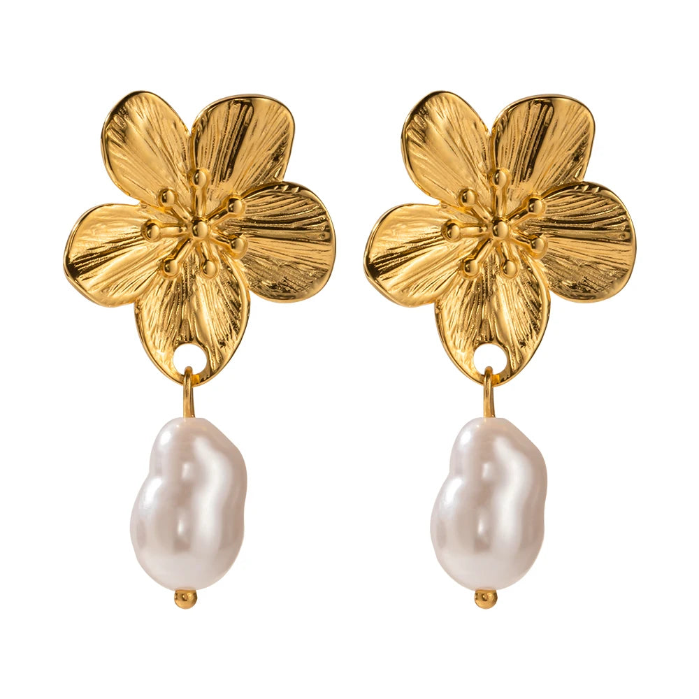 Boucles d'Oreilles Fleurs en Acier Inoxydable Plaqué Or 18K