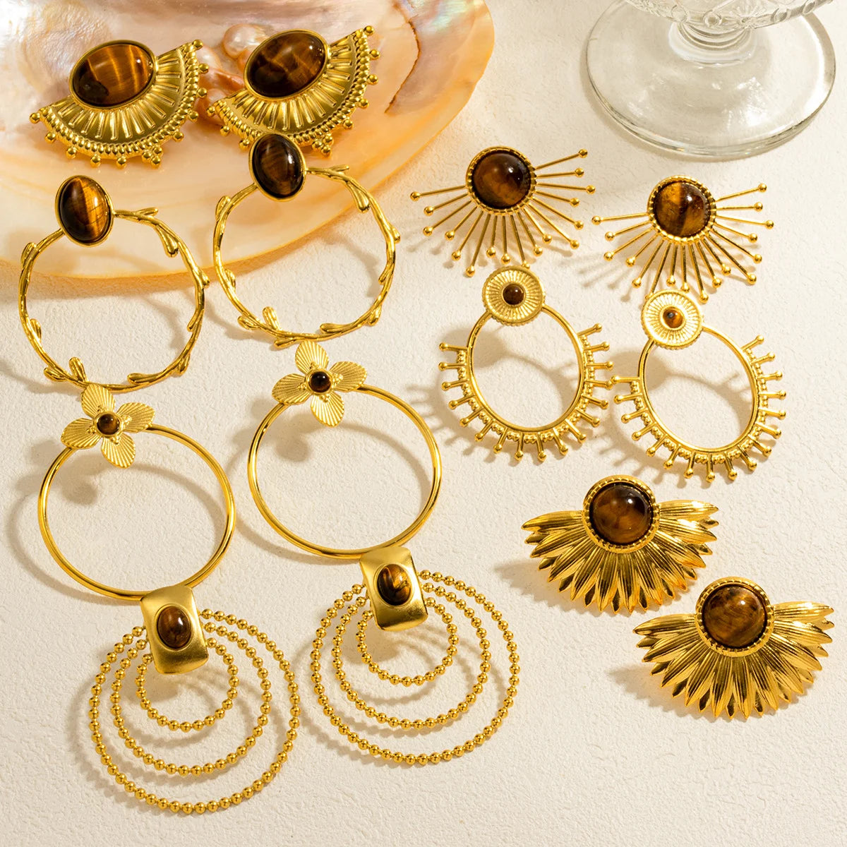 Boucles d'oreilles pierres œil du tigre en acier inoxydable