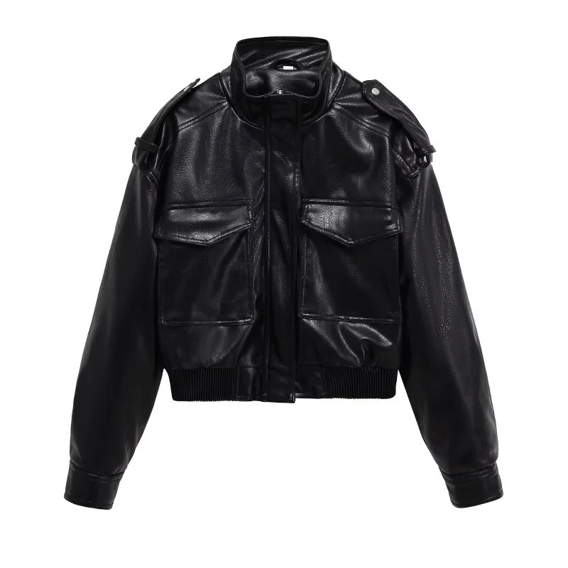Veste courte moto col montant grande poche veste en simili cuir brillant