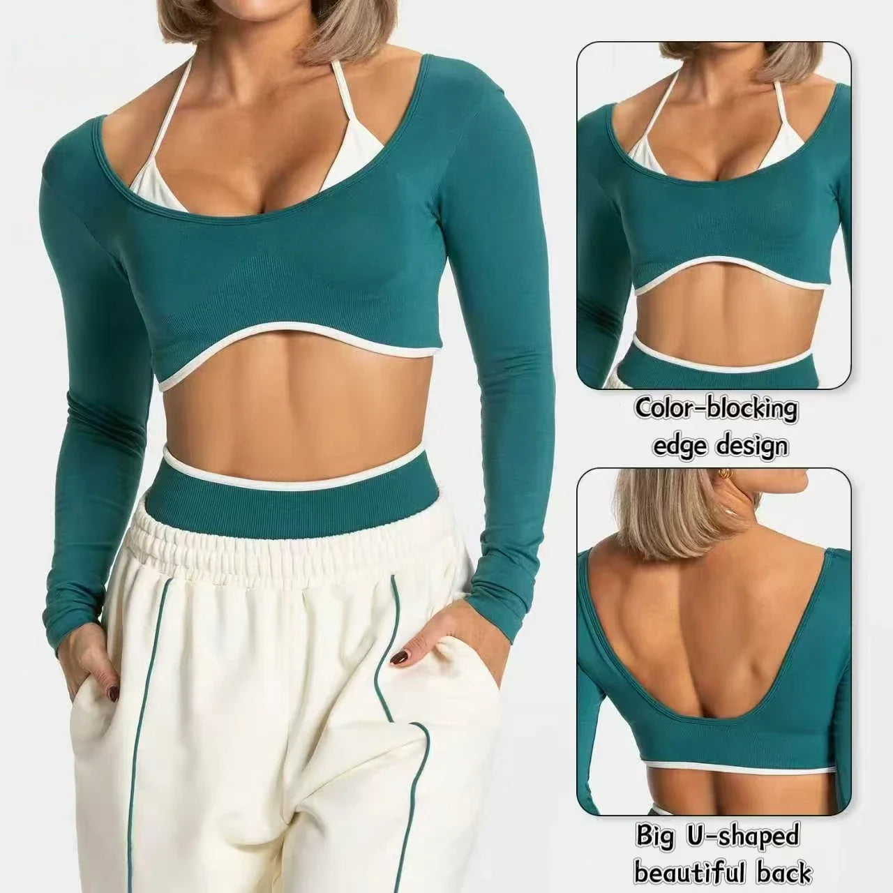 TEVEO ensemble de Yoga 2 pièces pour femmes, collants à manches longues sans couture, short de Fitness, tenues d'entraînement