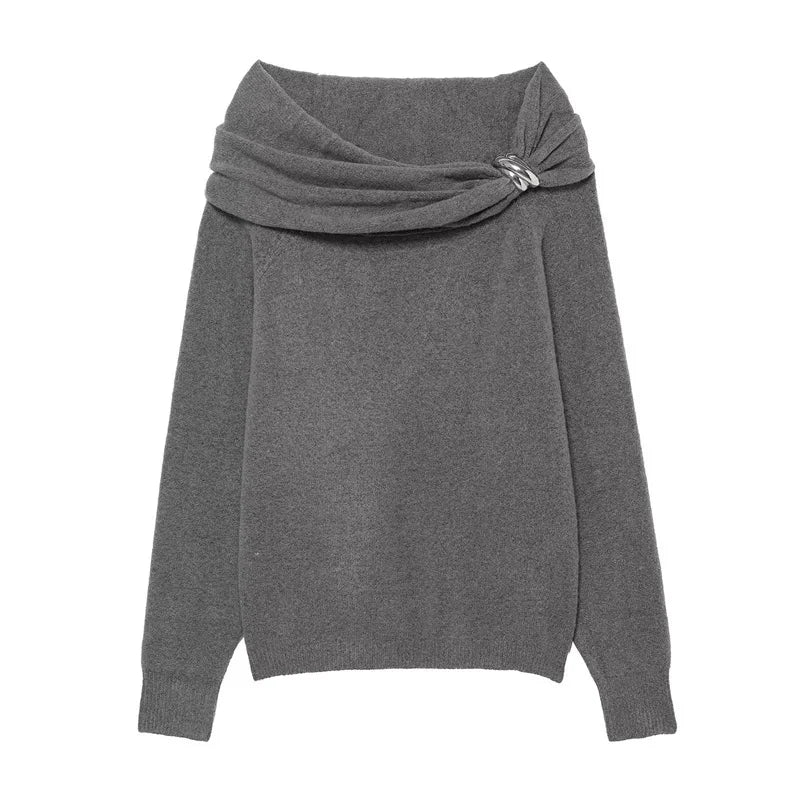 Pull en tricot gris à manches longues épaules dénudées