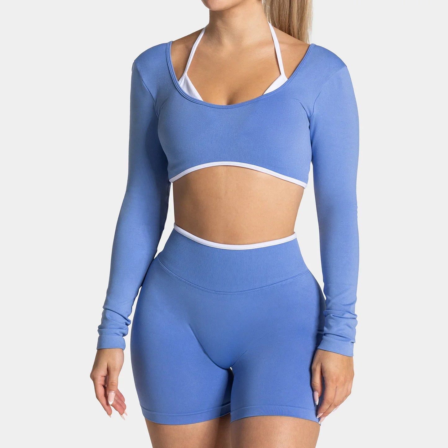 TEVEO ensemble de Yoga 2 pièces pour femmes, collants à manches longues sans couture, short de Fitness, tenues d'entraînement