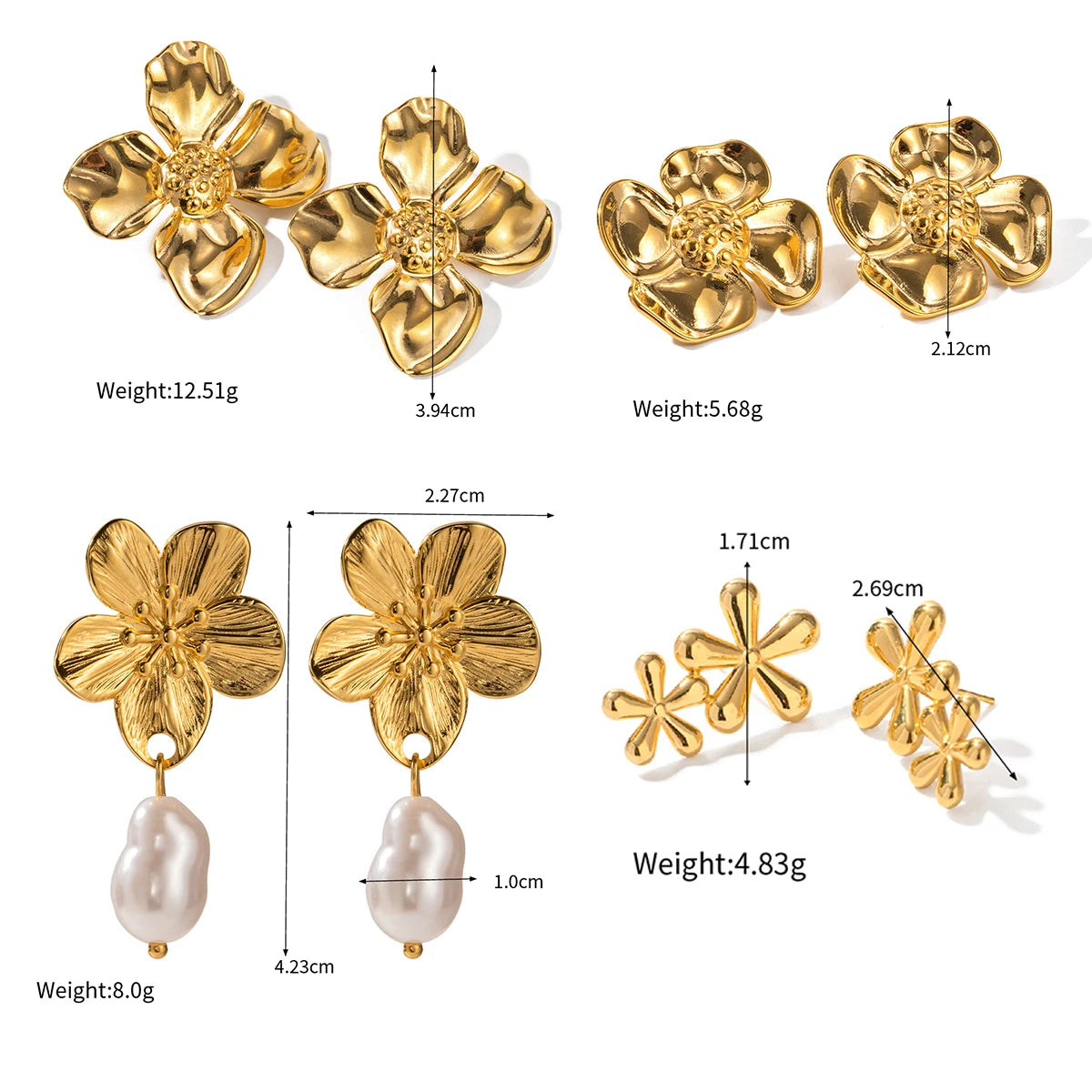 Boucles d'Oreilles Fleurs en Acier Inoxydable Plaqué Or 18K