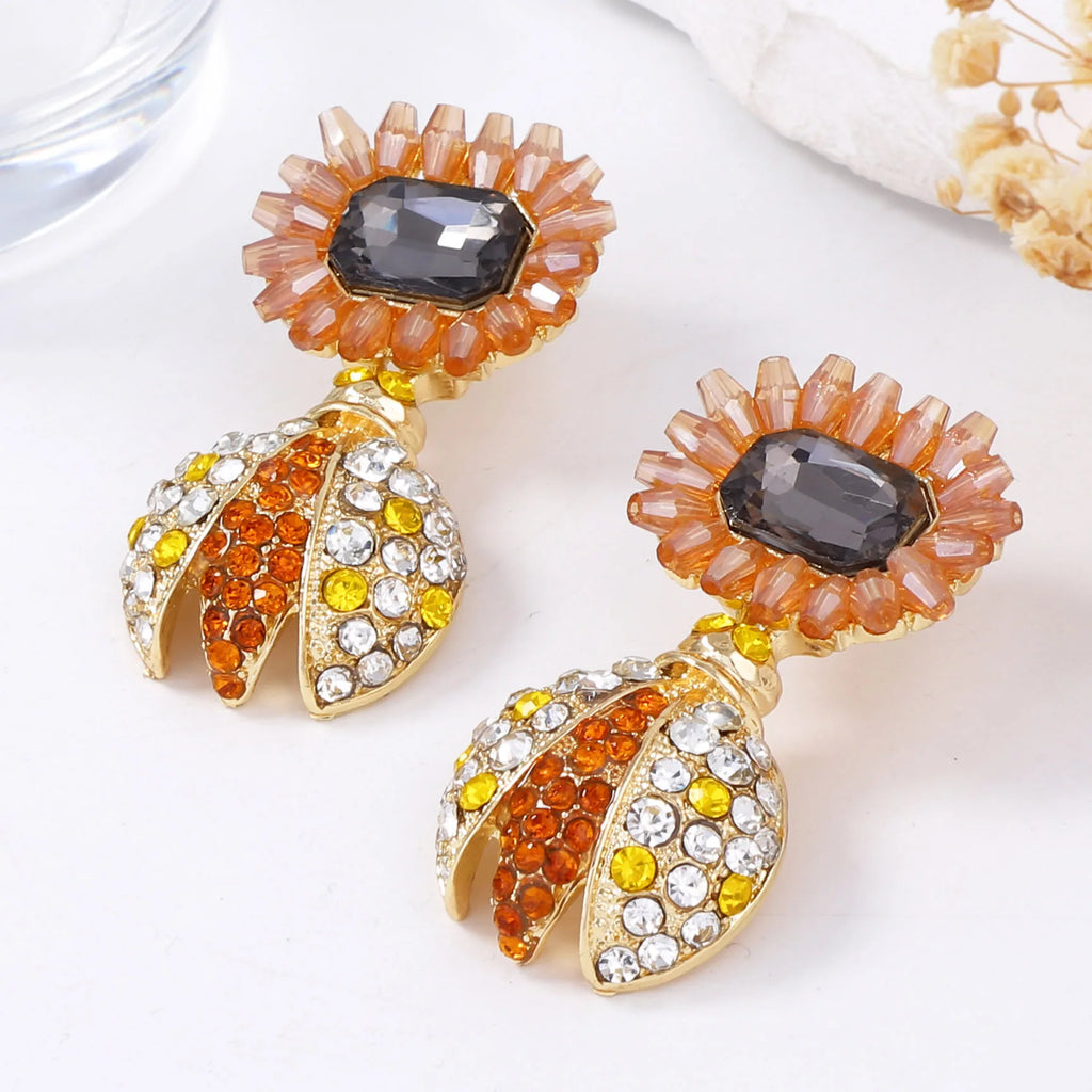 Boucles d'oreilles rétro en alliage d'abeille et de tournesol incrusté de strass
