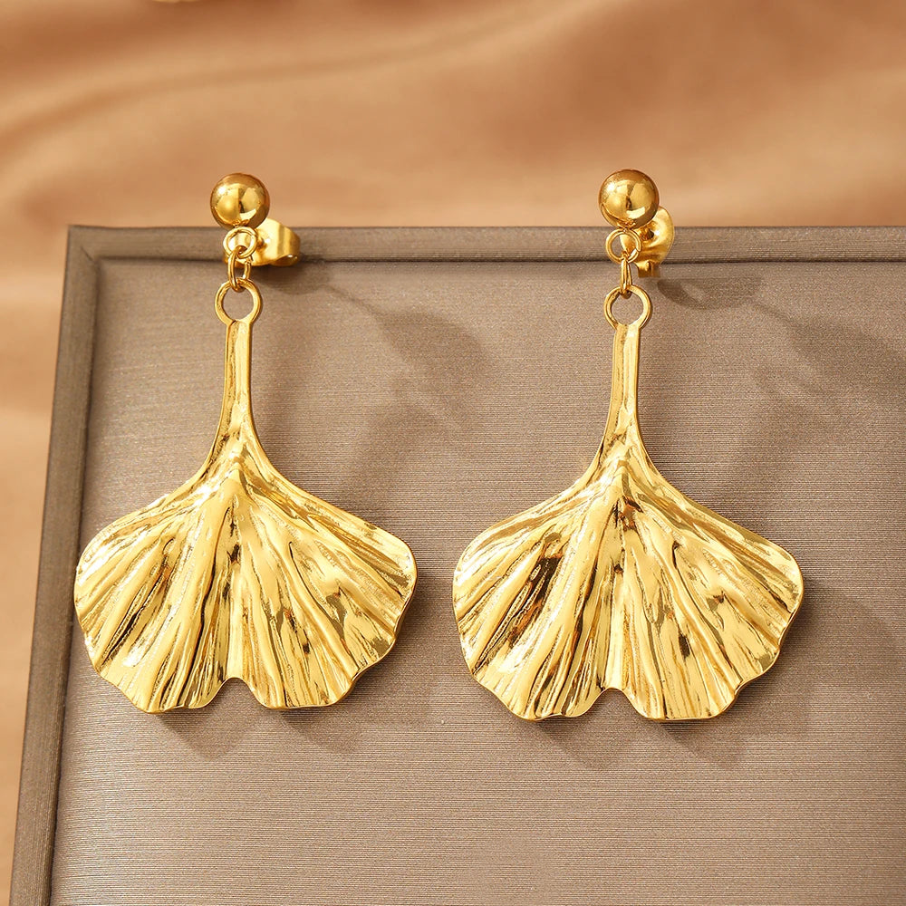Boucles d'oreilles pendentif feuille de Ginkgo en acier inoxydable