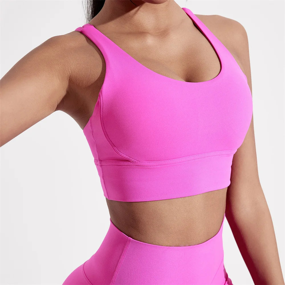 Soutien-gorge de sport pour femmes, couleur unie, dos croisé, haut moulant, haute résistance, entraînement complet, sous-vêtements Yoga avec coussinet de poitrine