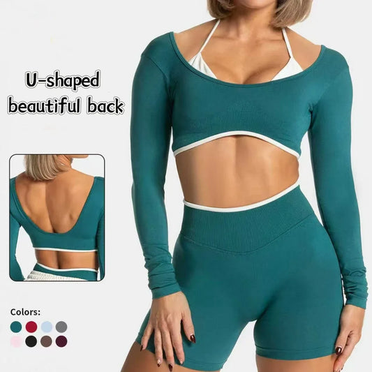 TEVEO ensemble de Yoga 2 pièces pour femmes, collants à manches longues sans couture, short de Fitness, tenues d'entraînement