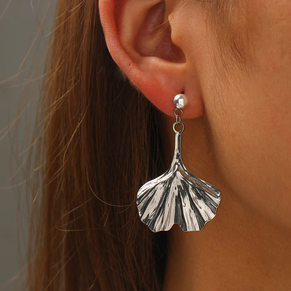 Boucles d'oreilles pendentif feuille de Ginkgo en acier inoxydable