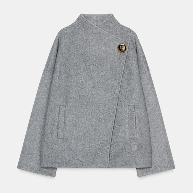 Manteau court vintage gris laine avec gros bouton