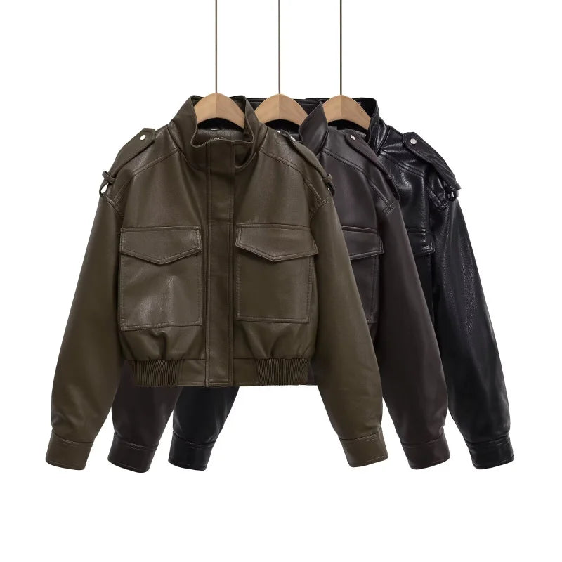 Veste courte moto col montant grande poche veste en simili cuir brillant