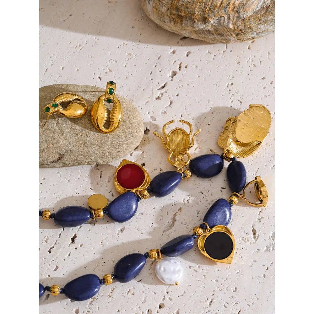 Chaîne perle coeur insecte goutte collier boucles d'oreilles en acier inoxydable