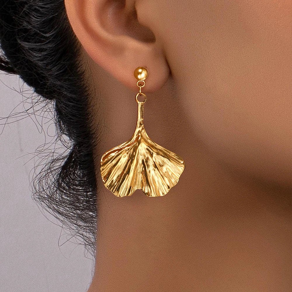 Boucles d'oreilles pendentif feuille de Ginkgo en acier inoxydable