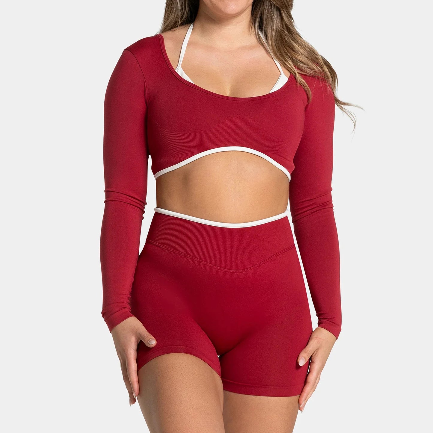 TEVEO ensemble de Yoga 2 pièces pour femmes, collants à manches longues sans couture, short de Fitness, tenues d'entraînement