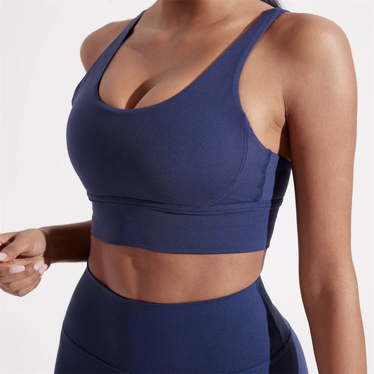 Soutien-gorge de sport pour femmes, couleur unie, dos croisé, haut moulant, haute résistance, entraînement complet, sous-vêtements Yoga avec coussinet de poitrine