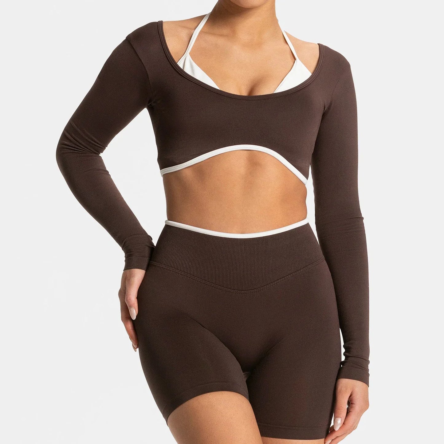 TEVEO ensemble de Yoga 2 pièces pour femmes, collants à manches longues sans couture, short de Fitness, tenues d'entraînement