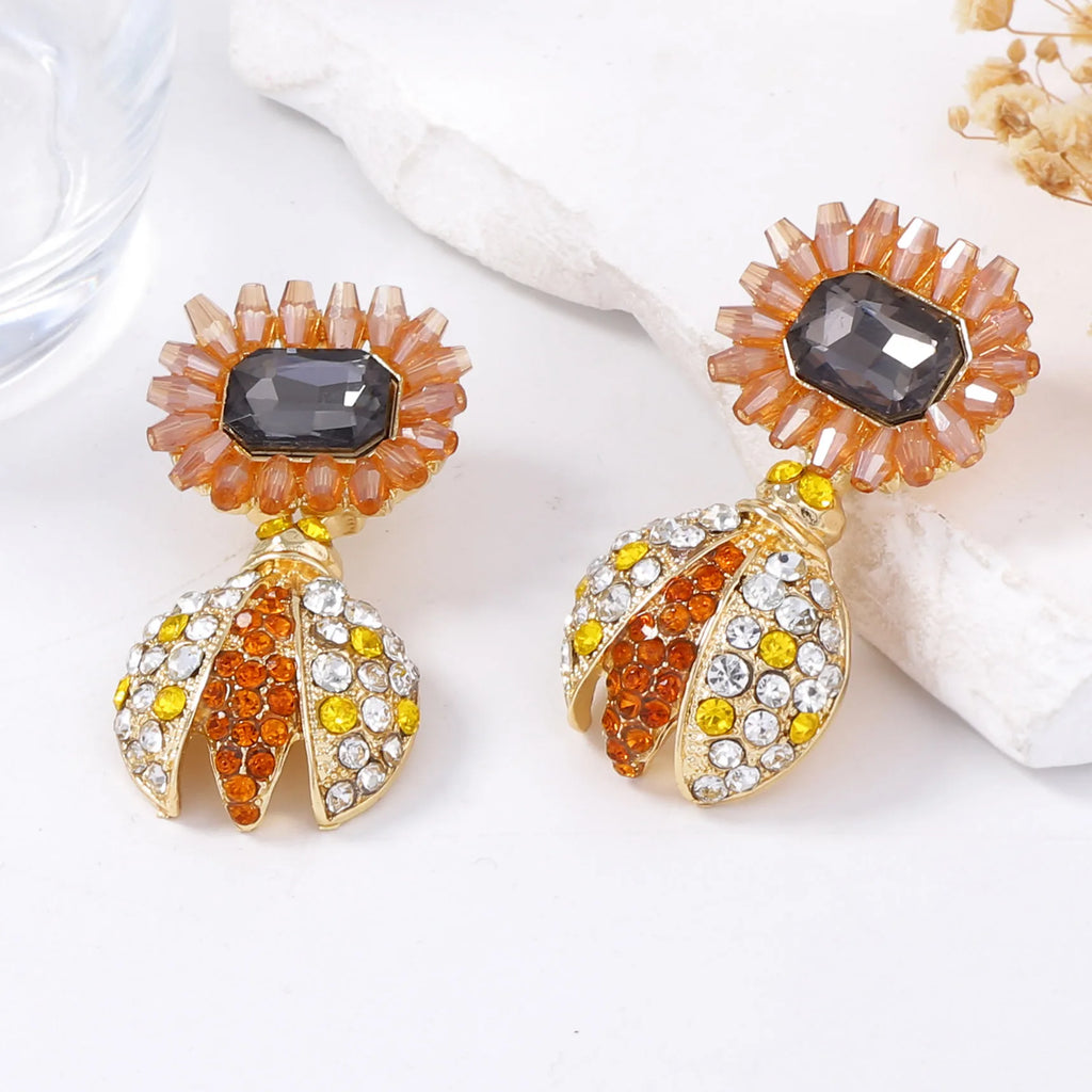 Boucles d'oreilles rétro en alliage d'abeille et de tournesol incrusté de strass