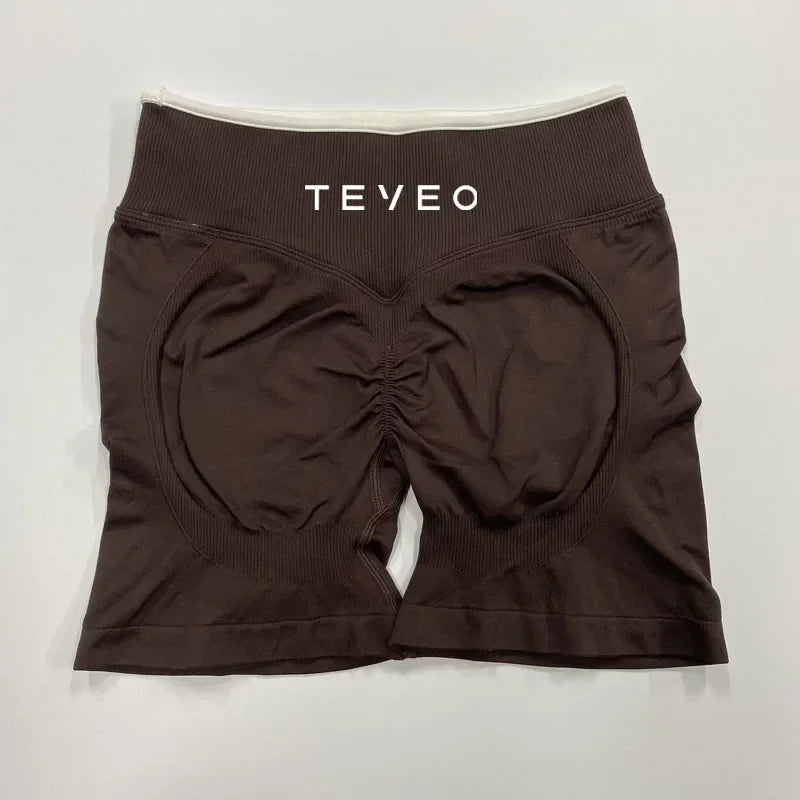 TEVEO – Short de Yoga pour femmes, pantalon de sport élastique, Fitness, cyclisme, sculpté, froissé, Leggings courts de Yoga