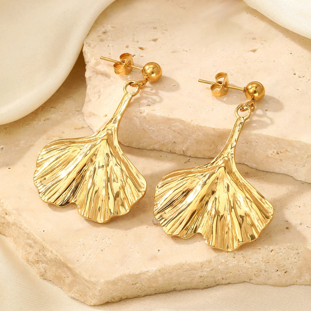 Boucles d'oreilles pendentif feuille de Ginkgo en acier inoxydable