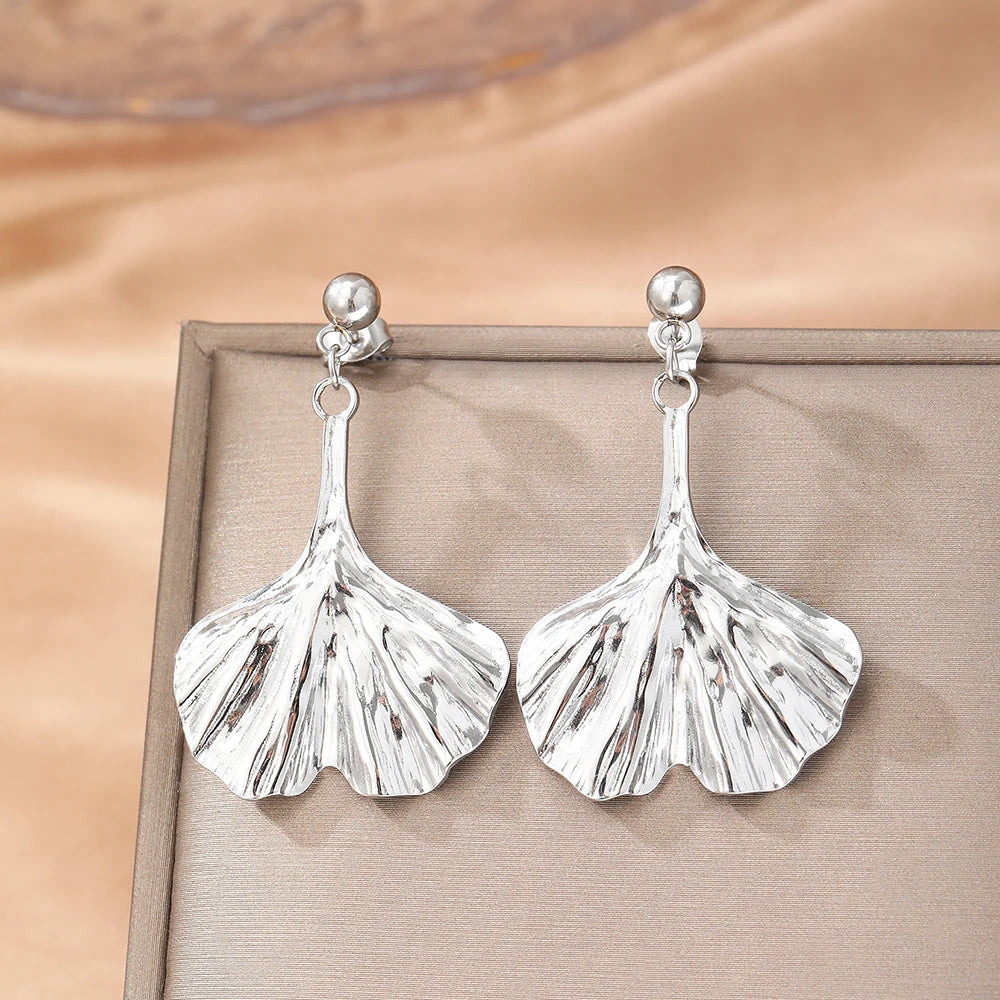 Boucles d'oreilles pendentif feuille de Ginkgo en acier inoxydable