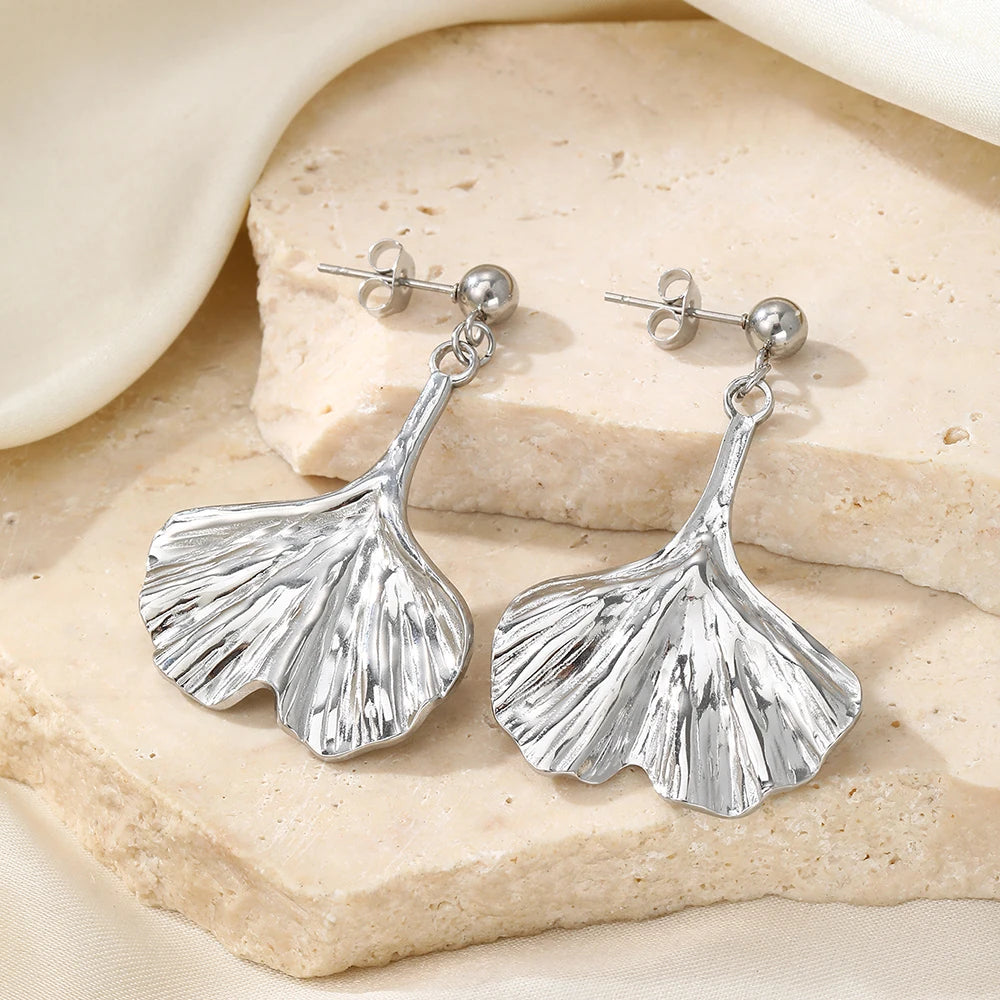 Boucles d'oreilles pendentif feuille de Ginkgo en acier inoxydable