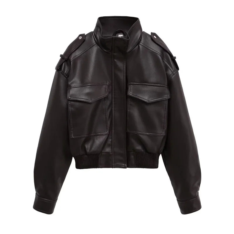 Veste courte moto col montant grande poche veste en simili cuir brillant