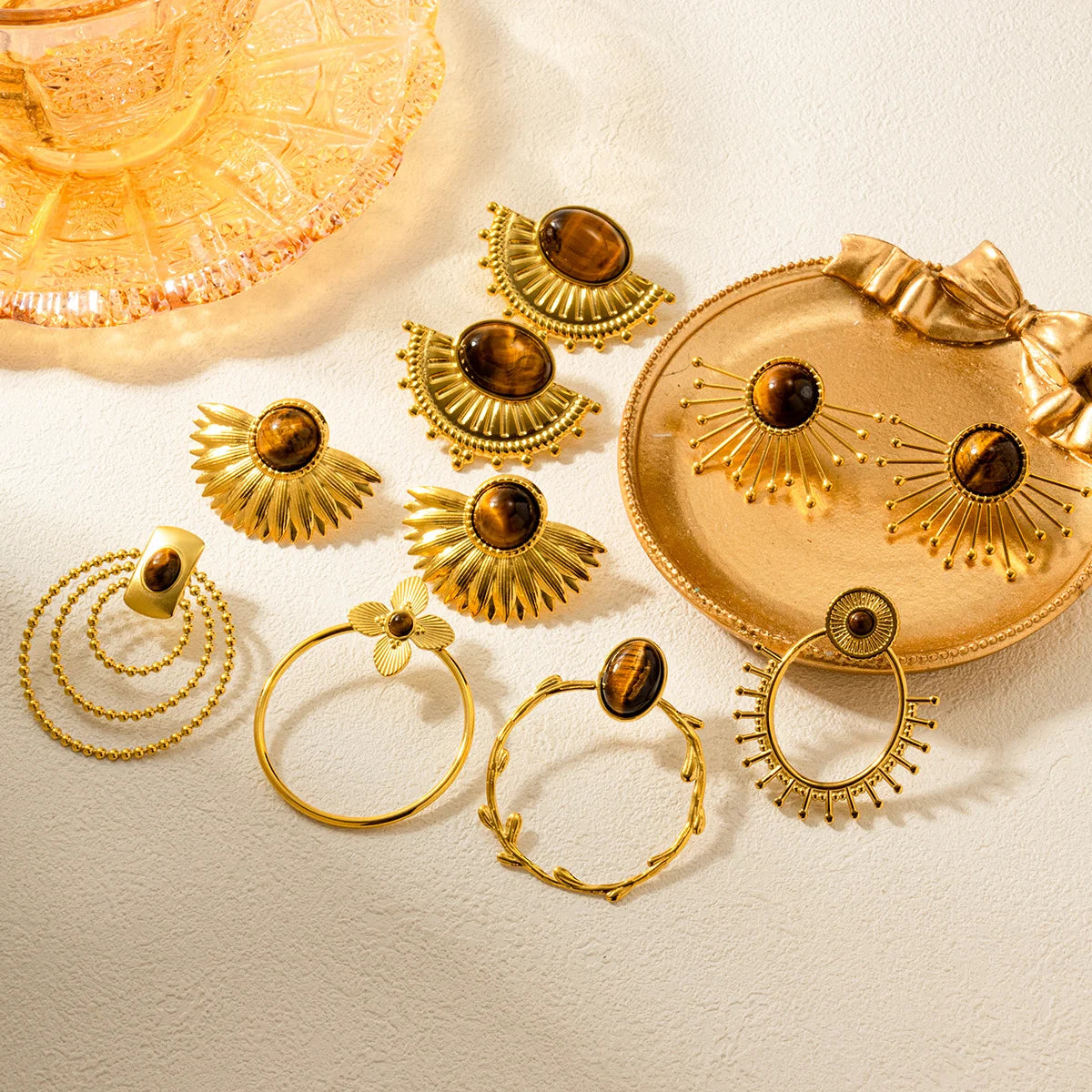 Boucles d'oreilles pierres œil du tigre en acier inoxydable