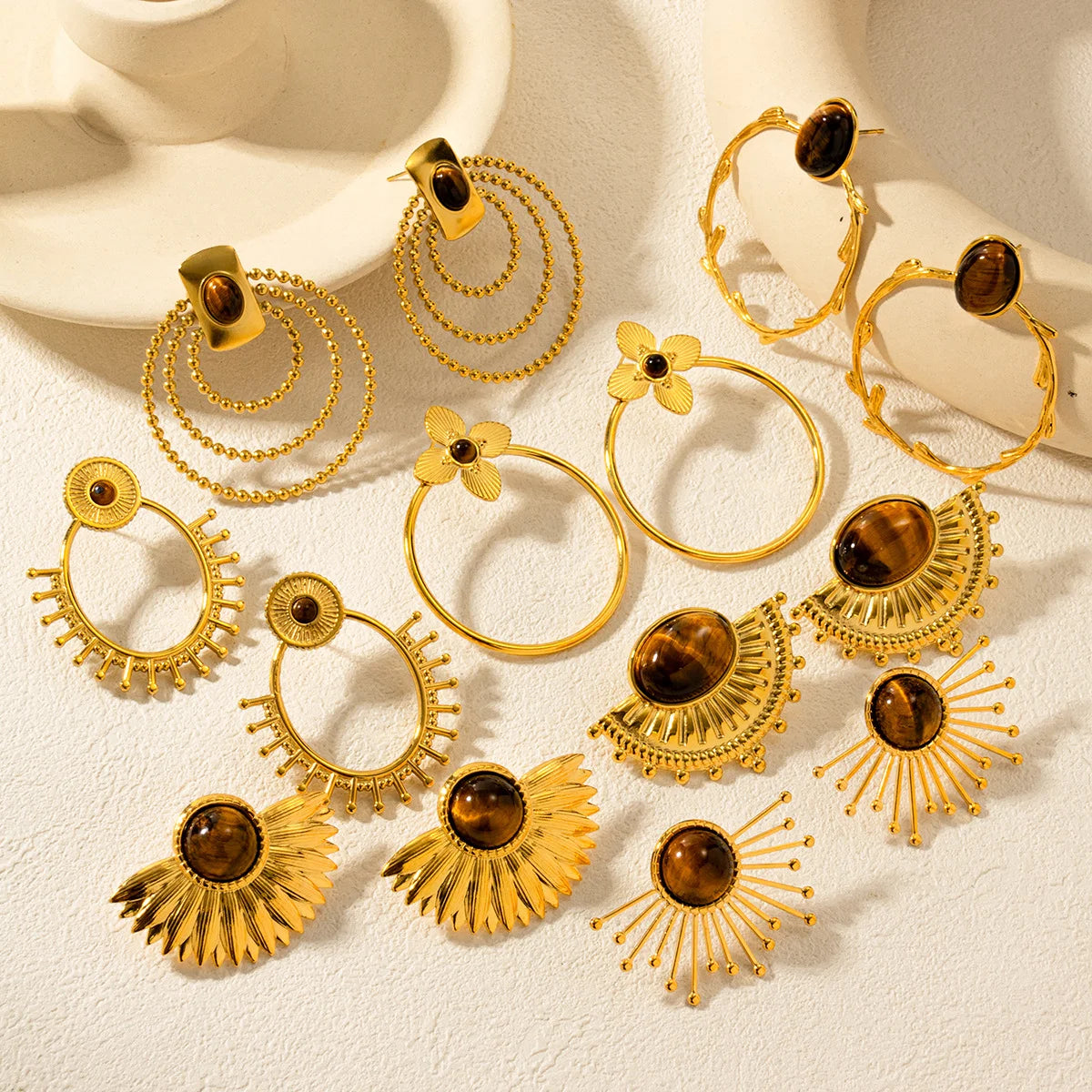 Boucles d'oreilles pierres œil du tigre en acier inoxydable