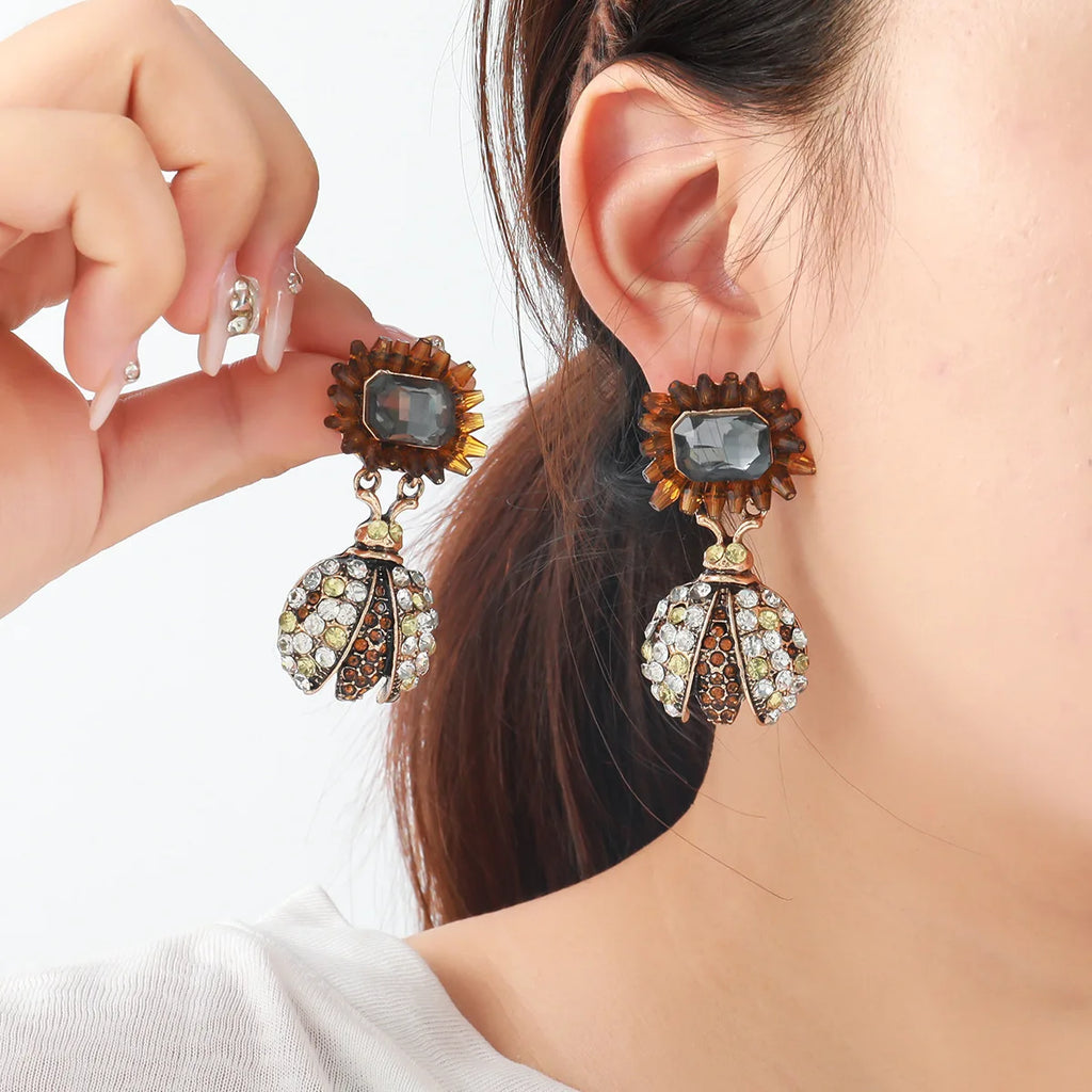 Boucles d'oreilles vintage en alliage d'abeille et de tournesol incrusté de strass