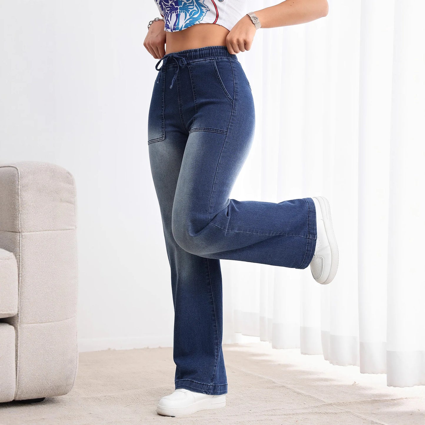 Jean taille élastique, cordon de serrage