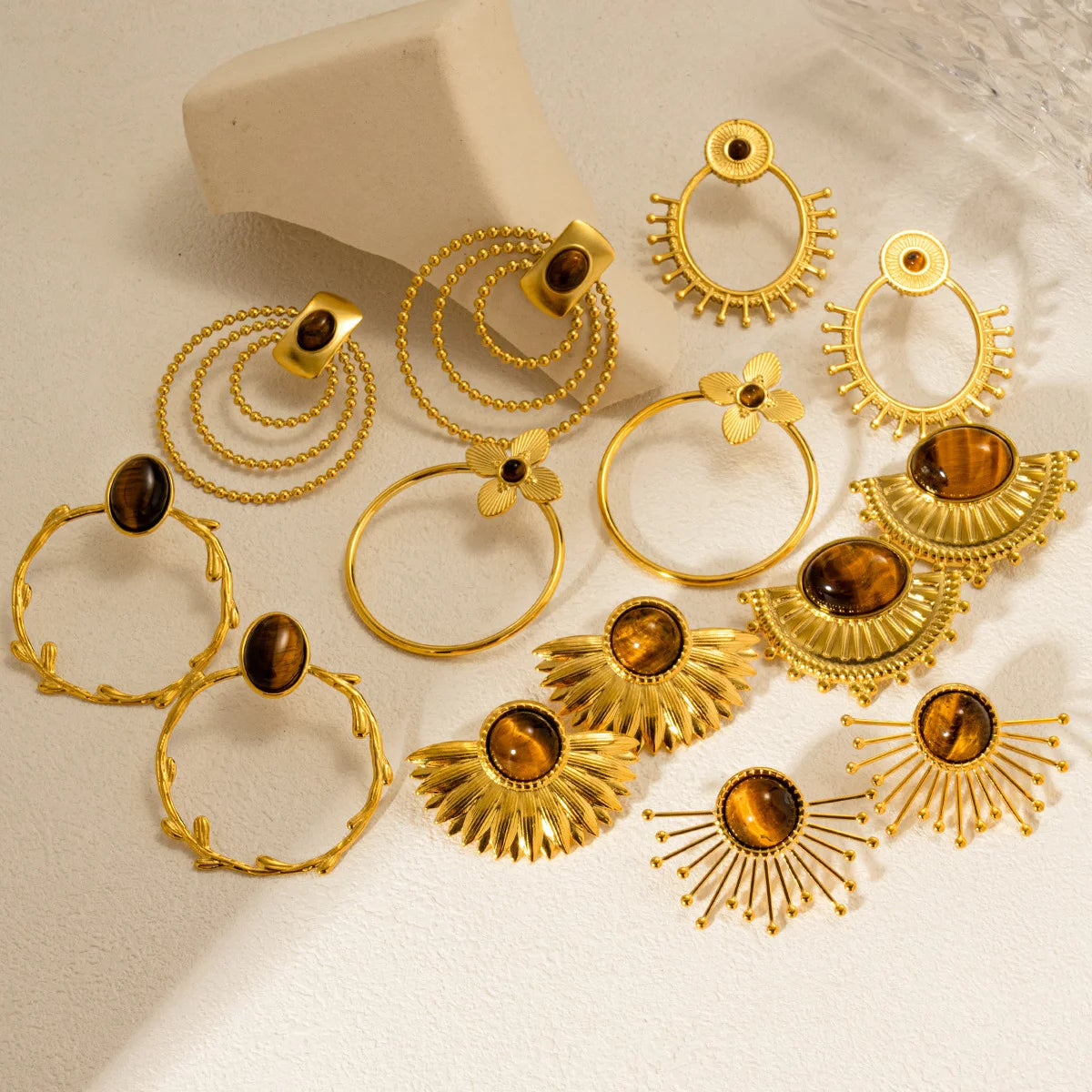 Boucles d'oreilles pierres œil du tigre en acier inoxydable