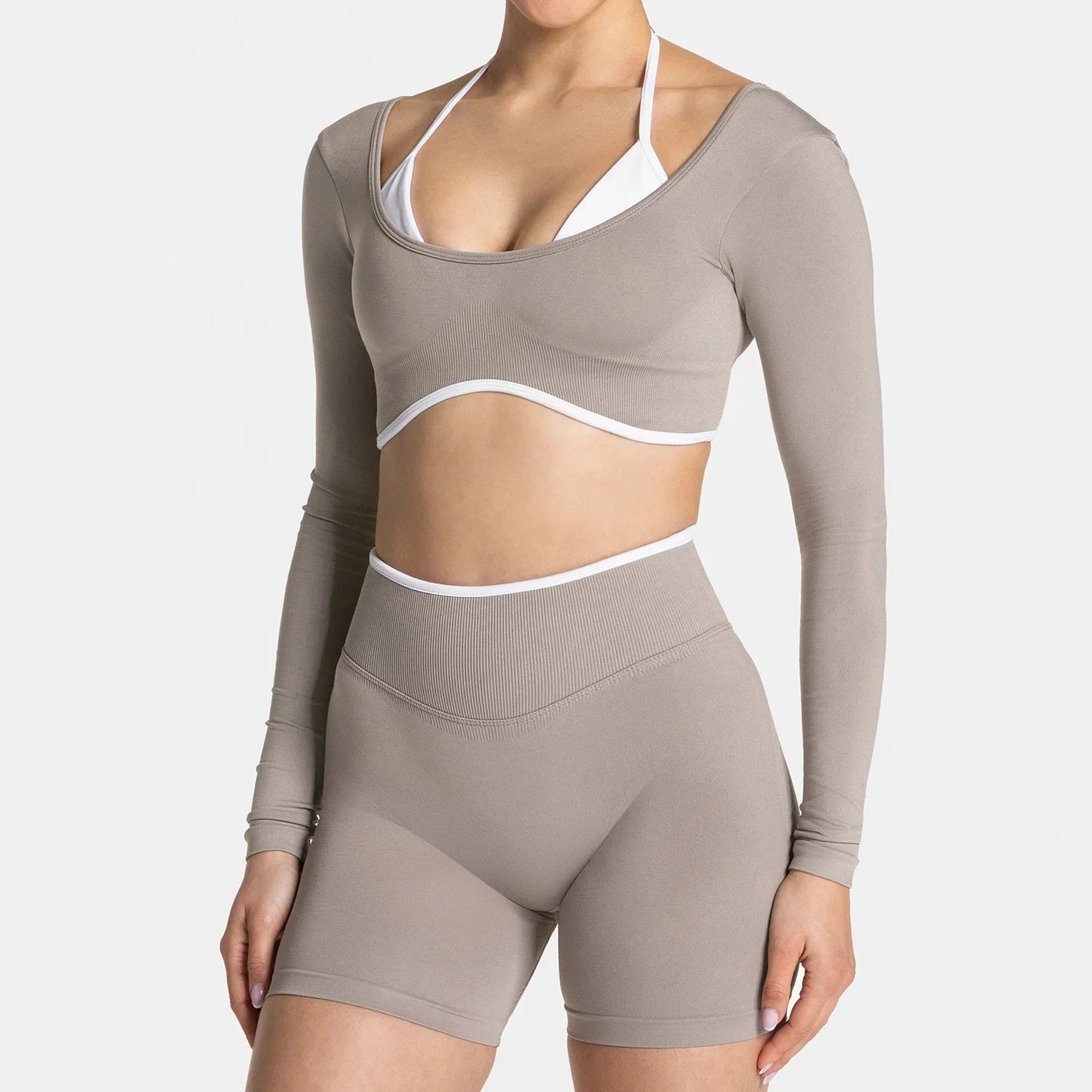 TEVEO ensemble de Yoga 2 pièces pour femmes, collants à manches longues sans couture, short de Fitness, tenues d'entraînement