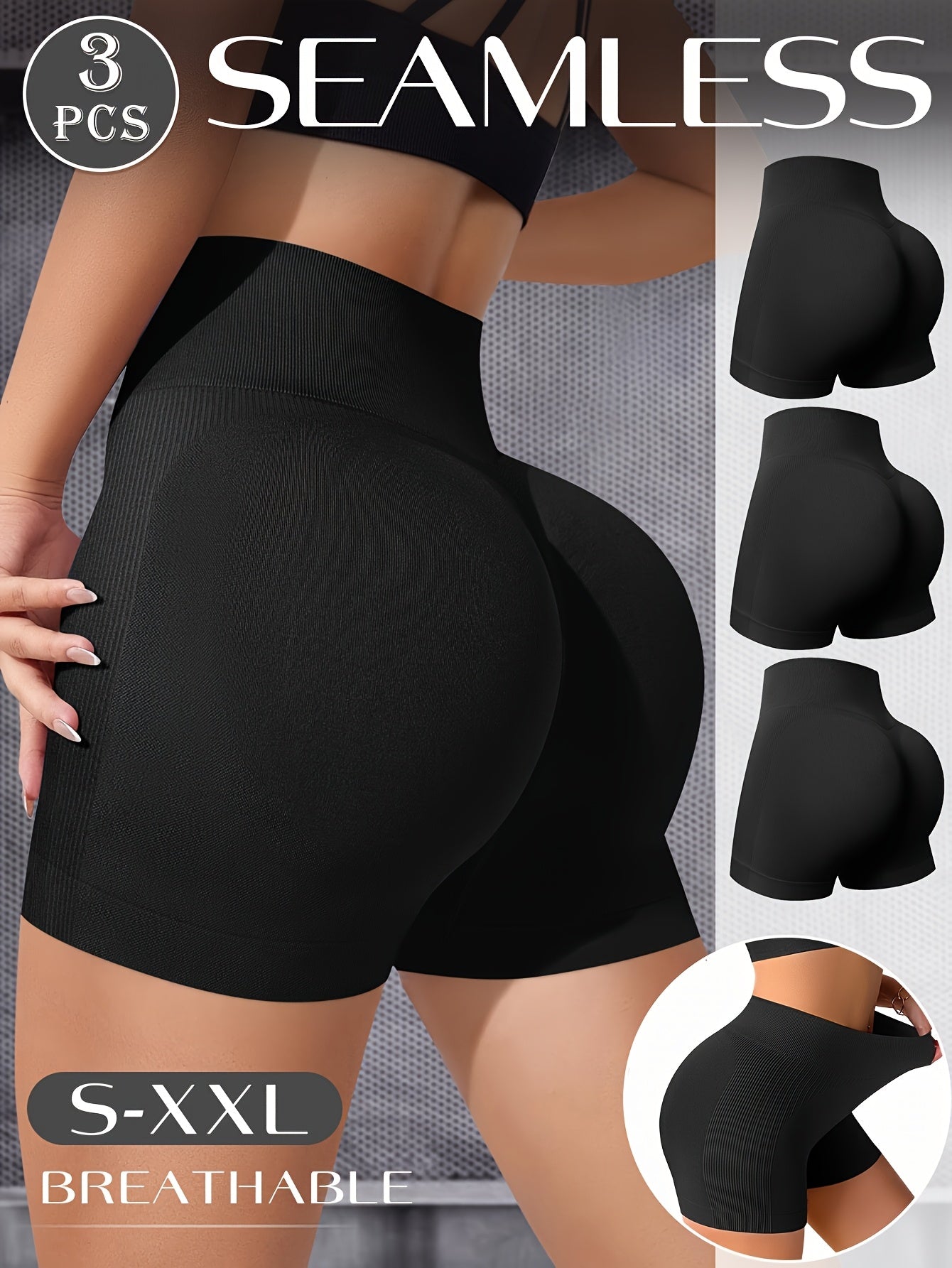 3 pcs. Shorts de yoga sans couture taille haute MIOTAN - Sous-vêtements gainants, nylon respirant à séchage rapide avec panneaux latéraux, stretch doux pour yoga, salle de sport et tenue décontractée (noir uni), vêtements de fitness, tissu lisse