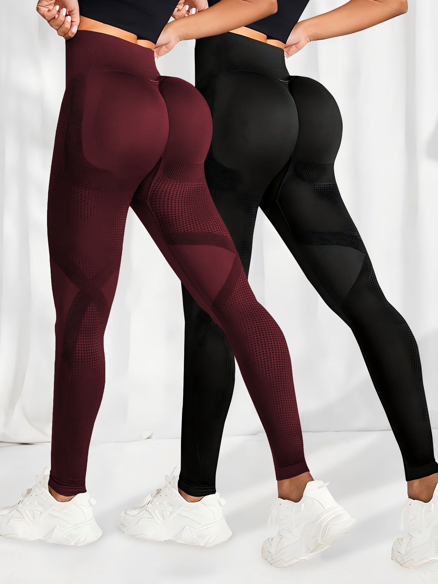 2 leggings femme sans couture taille haute - Effet fessier remonté, pantalon extensible pour fitness et entraînement
