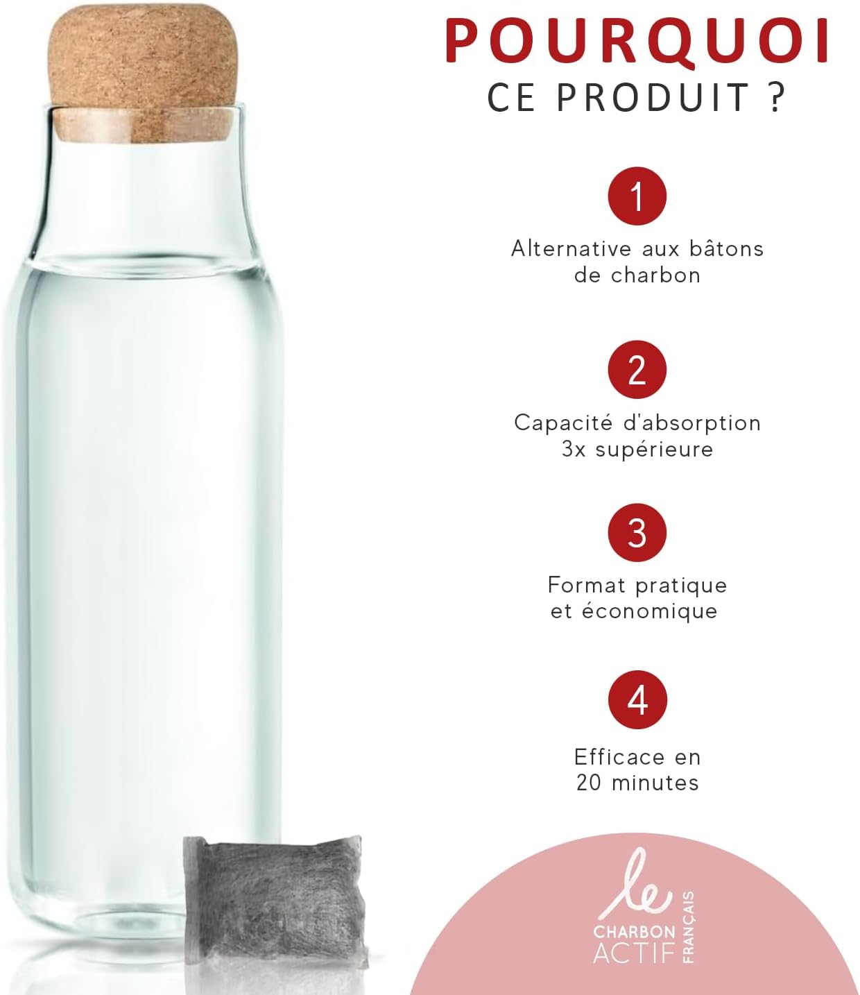 Carafe filtrante en verre 1 L au charbon actif végétal