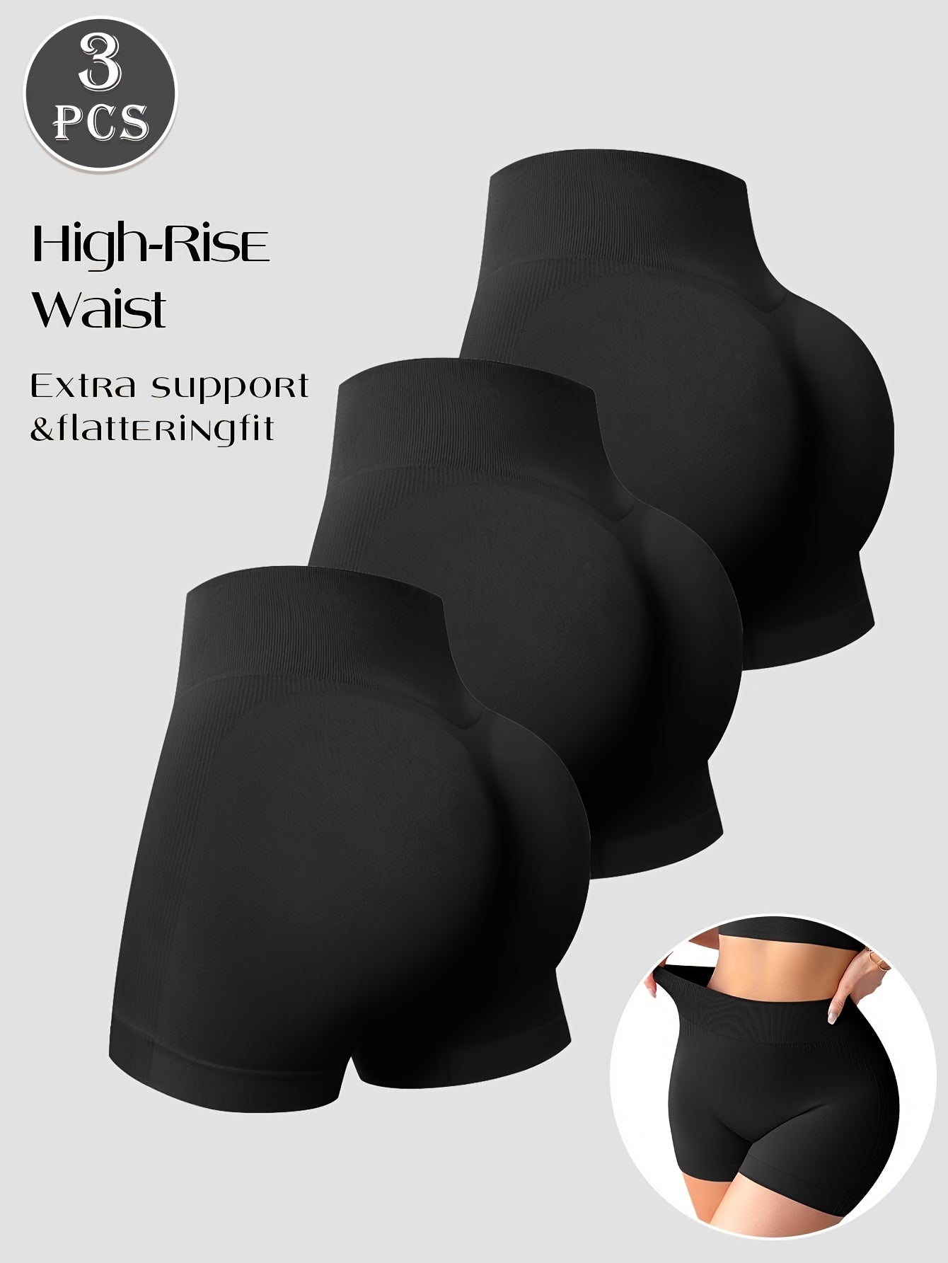 3 pcs. Shorts de yoga sans couture taille haute MIOTAN - Sous-vêtements gainants, nylon respirant à séchage rapide avec panneaux latéraux, stretch doux pour yoga, salle de sport et tenue décontractée (noir uni), vêtements de fitness, tissu lisse